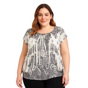 One World Plus Size 2X Boho Peasant Top White Black Floral Print Crinkle Stretch